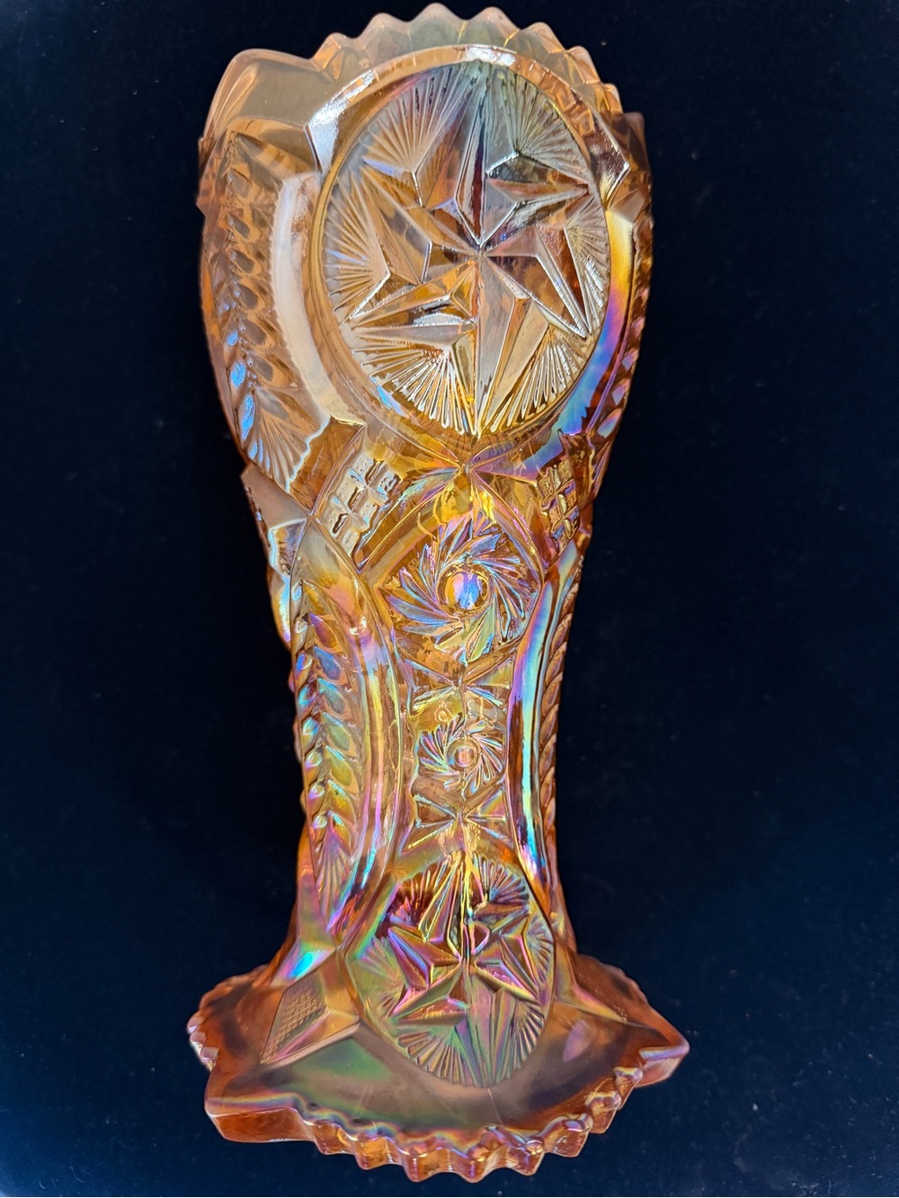 Vtg L.E. Smith Amber Carnival Glass 9" Vase Ohio Star / Whirling Star Pattern
